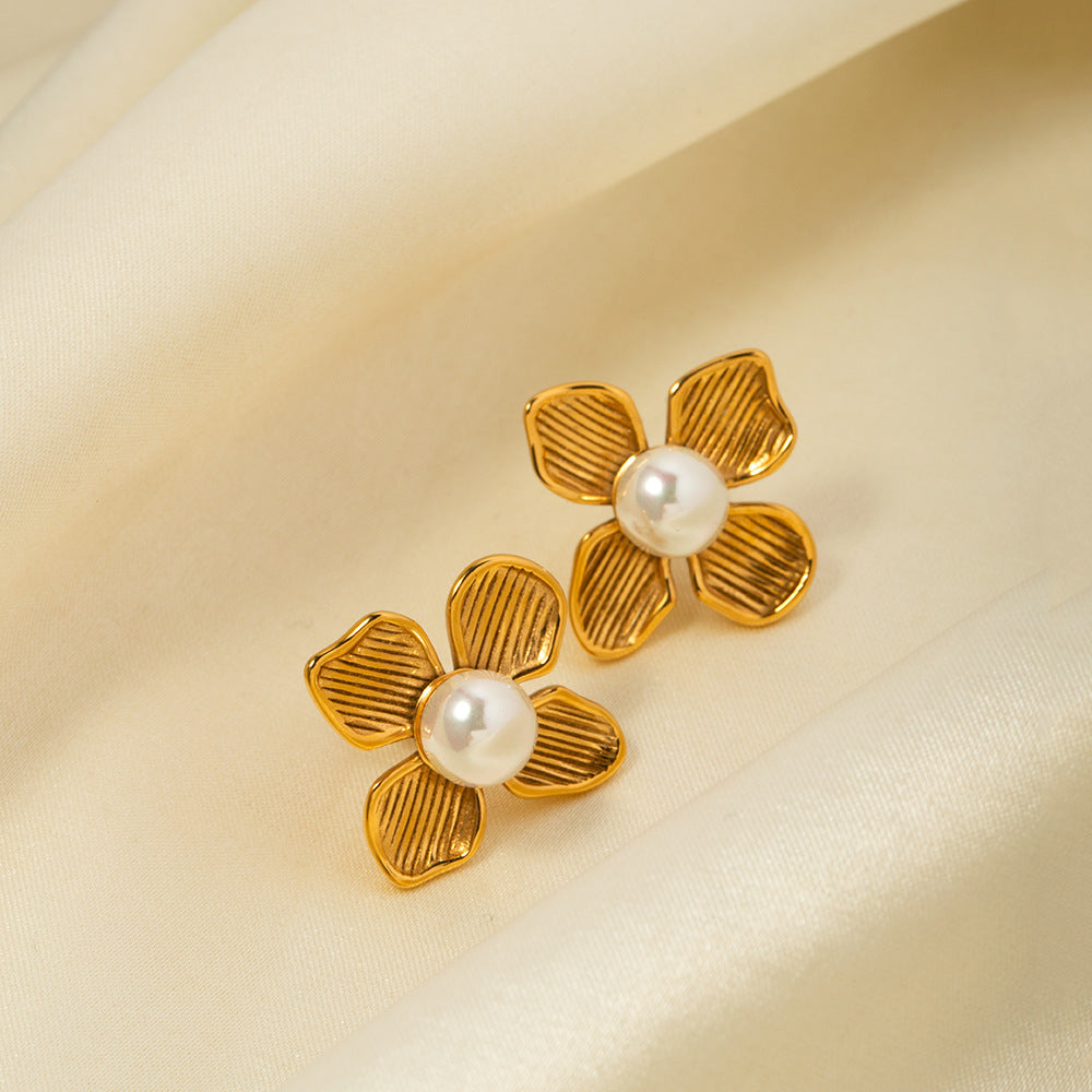Trendy Geometric Flower Inlay Stainless Steel Earrings with Imitation Pearl 18K Gold Plated