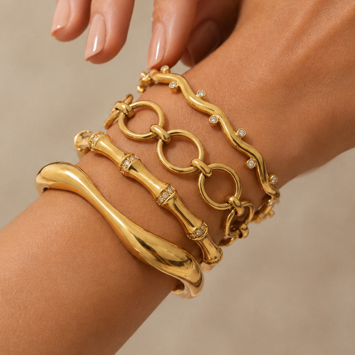Hip-hop Luxury Geometric Rhinestone Inlaid Bamboo Joint PVD Stainless Steel Bracelet with OT Clasp