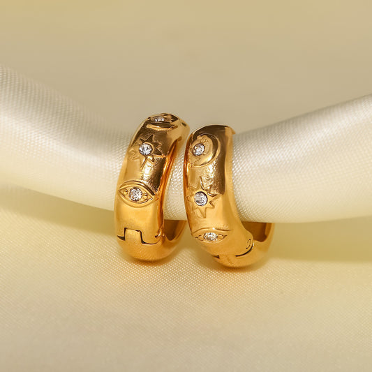 Orecchini a cerchio da donna trendy con stella geometrica e occhio di Allah, placcati in oro 18K, in acciaio inossidabile e zirconia cubica