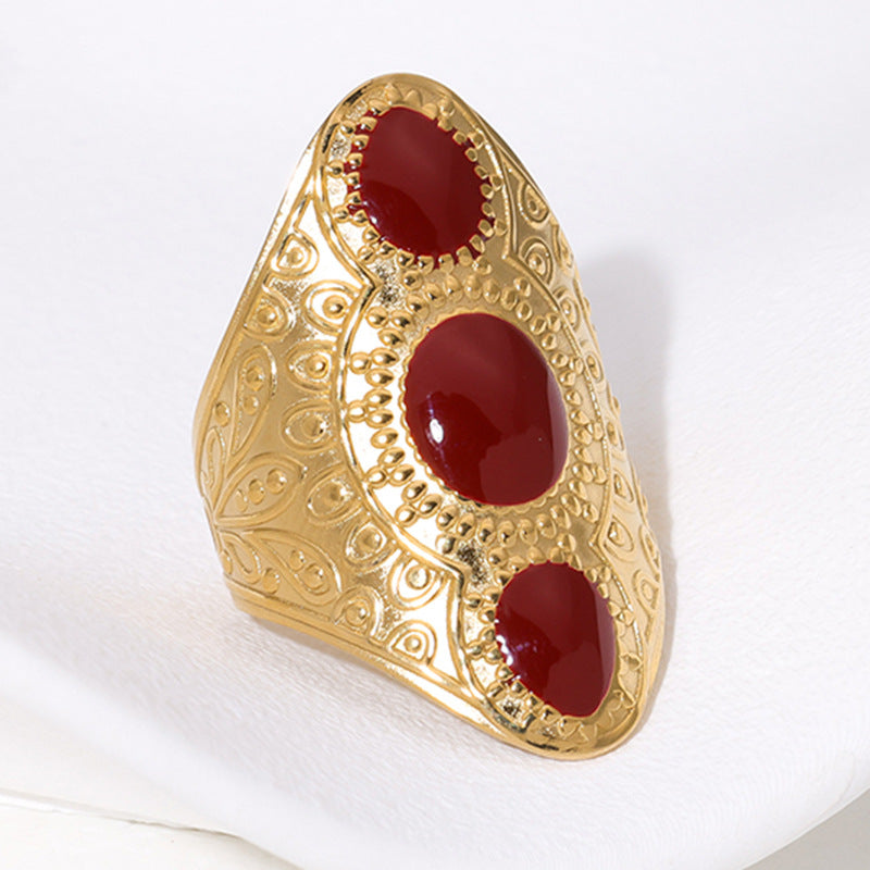 Vintage French-Style Geometric Stainless Steel Adjustable Open Ring for Women with Polished Finish and Heart-Eye Motif