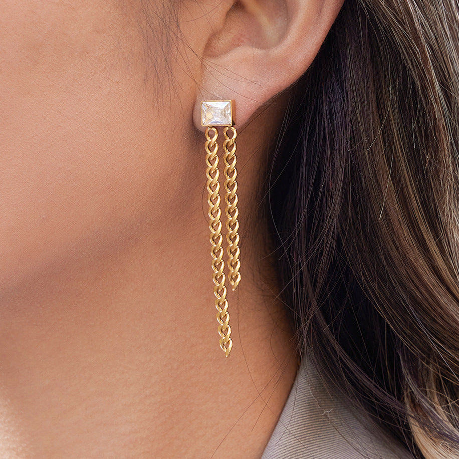 Pendientes Geométricos de Flecos de Acero Inoxidable con Acentos de Pedrería, Joyas Ligeras de Lujo Galvanizadas para Mujer