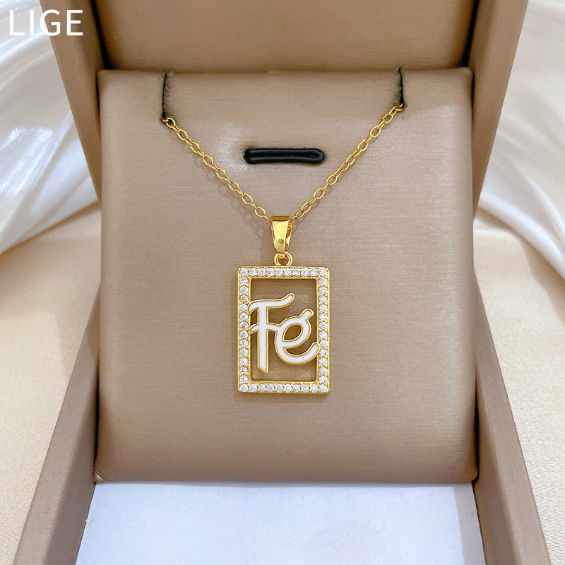 Sweet Geometric Square Hollow Rhinestone Pendant Titanium Steel Necklace for Unisex