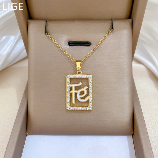 Sweet Geometric Square Hollow Rhinestone Pendant Titanium Steel Necklace for Unisex