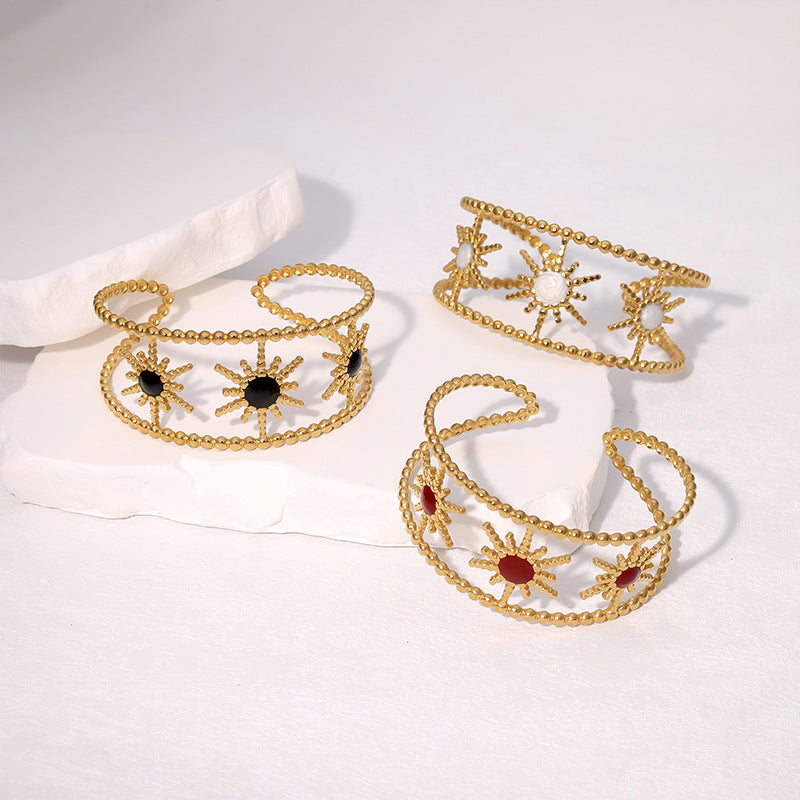 Bracciale a Polsino da Donna in Acciaio Inossidabile Smaltato a Traforo con Girasole Geometrico Vintage