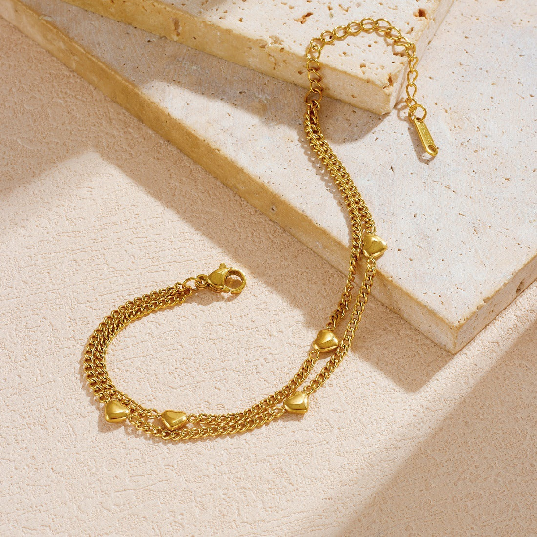 Gold Plated Stainless Steel Heart Double Layer Bracelet for Women