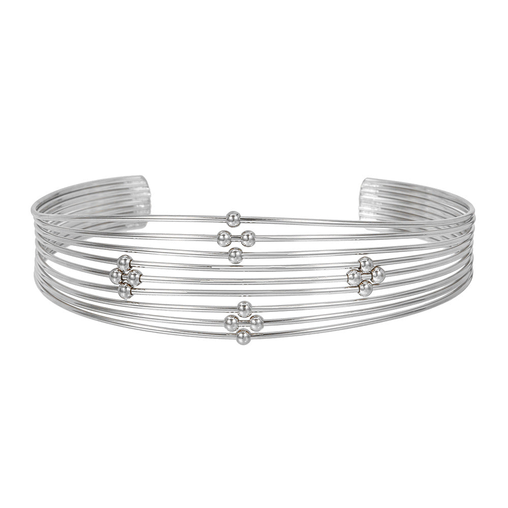 Geometric Round Plated Stainless Steel Multi-Layer Beaded Open Cuff Bracelet