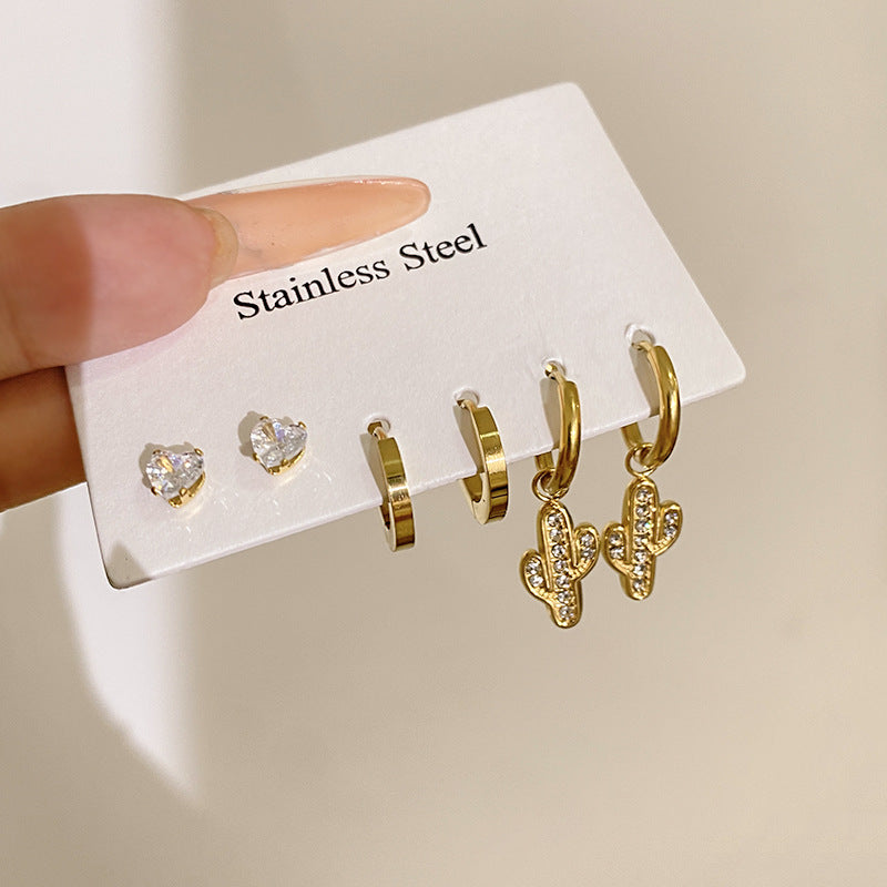 Minimalist Sweet Micro-set Diamond Plant Shape Brass Plated Earrings Set