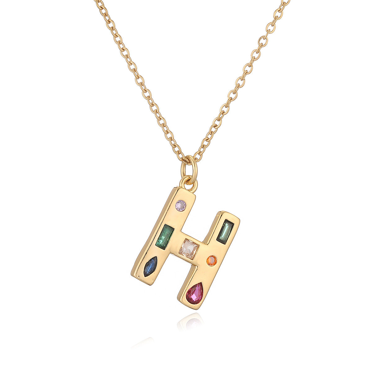 Minimalist Letter Shape Copper Pendant Necklace with 18K Gold Plating and Colored Zircon Inlay for Women