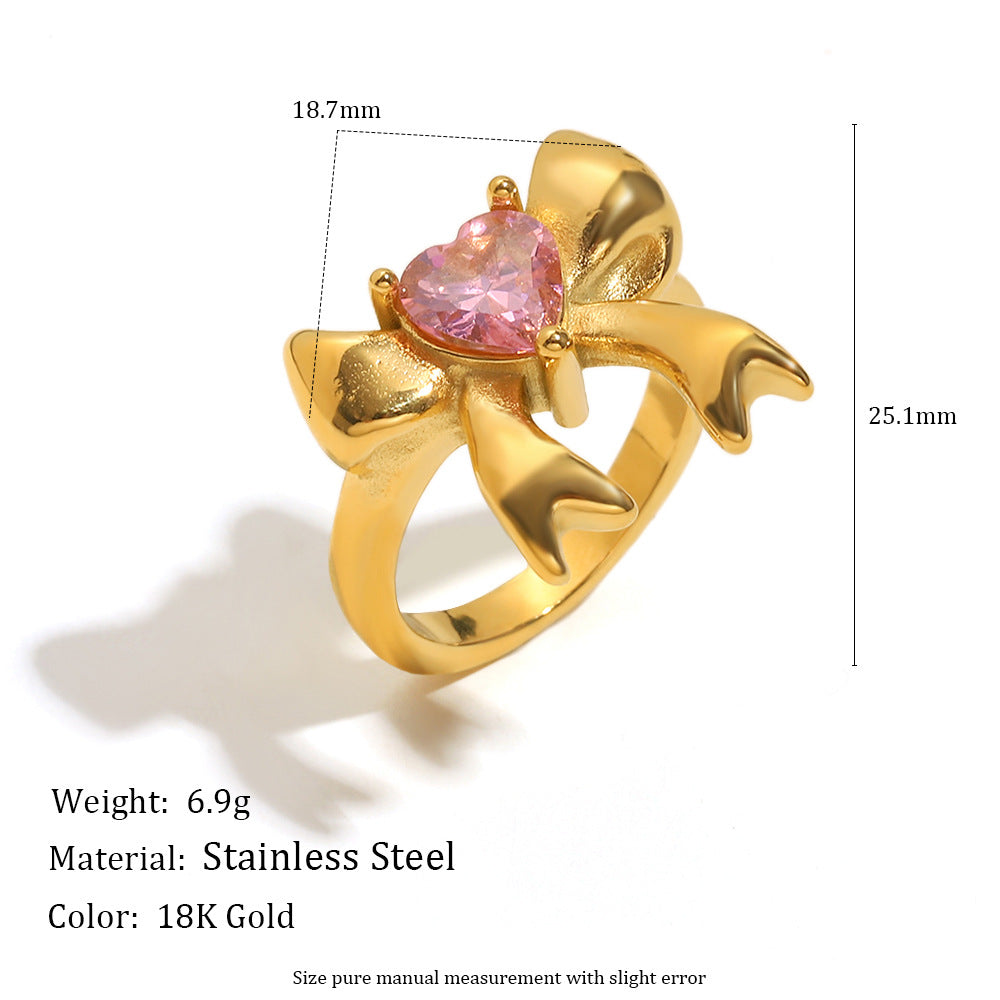 Anello da donna minimalista a forma di fiocco in acciaio inossidabile placcato oro 18 carati con zirconi cubici