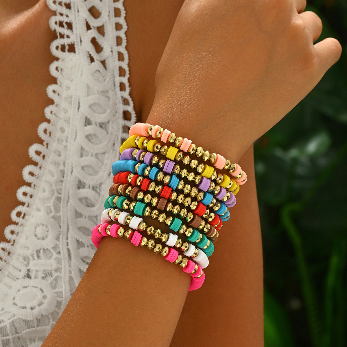 Set bracciale da donna multistrato geometrico con perline in resina intrecciate a mano per regalo di anniversario