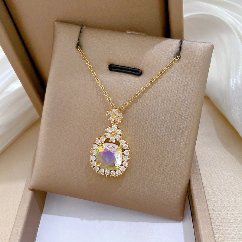 Cartoon Style Floral Pendant Necklace for Women and Men Stainless Steel Delicate Clavicle Chain with Full Rhinestone Accents