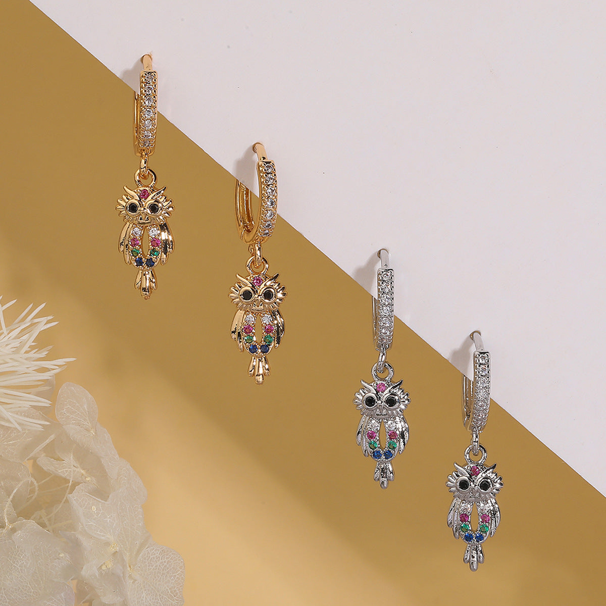 Minimalist Owl-Shaped Copper Earrings with Gold Plating and Zircon Inlay for Women