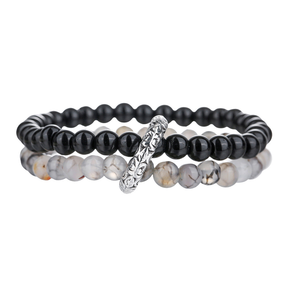 Vintage Chinese Zen Geometric Round Black Agate and Alloy Beaded Bracelet for Men and Women