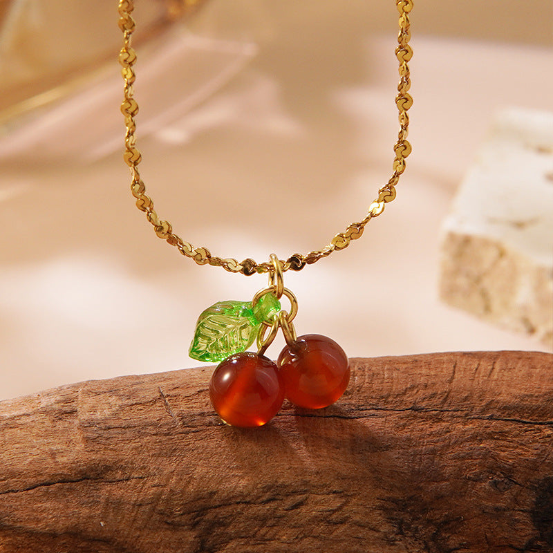 Sweet Minimalist Stainless Steel Cherry Fruit Necklace and Earring Set for Women