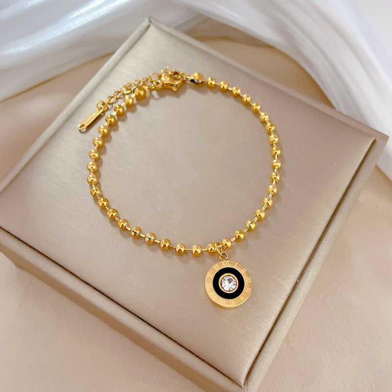 Elegant Minimalist Titanium Steel Round Hoop Bracelet with Roman Numerals and Zircon Accents for Women