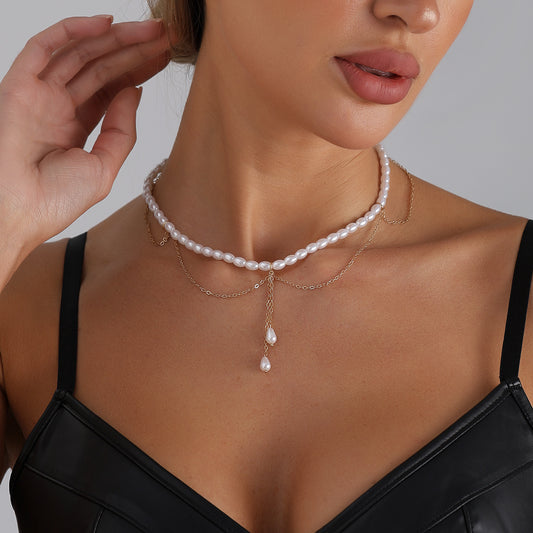 Elegant Geometric Heart Alloy Plated Baroque Imitation Pearl Tassel Necklace for Women