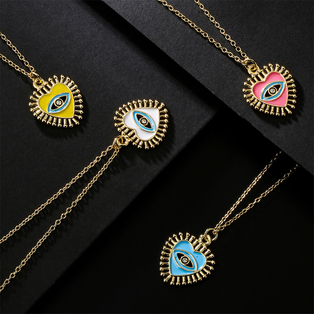 Drip Oil Heart Geometric Cubic Zirconia Inlay Brass Pendant Necklace with Cable Chain