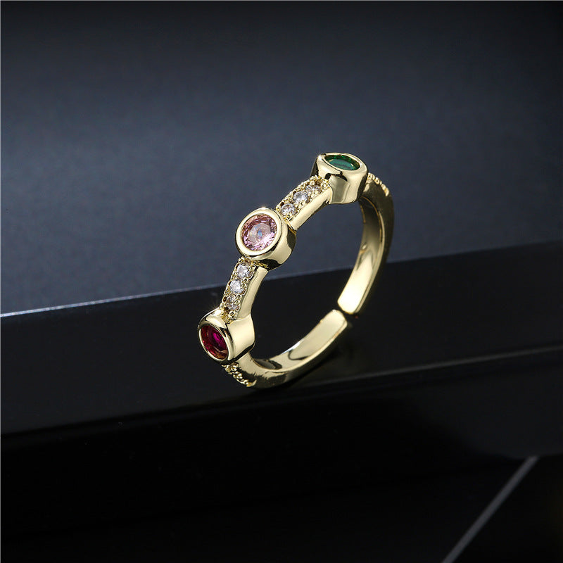 Vintage Geometric Brass Gold Plated Micro-Inlaid Cubic Zirconia Ring for Women