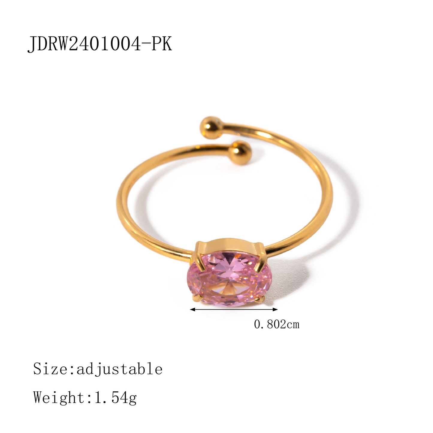 Ins Style Cute 18K Gold Plated Stainless Steel Ring with Pink Zircon Geometric Adjustable Design for Women