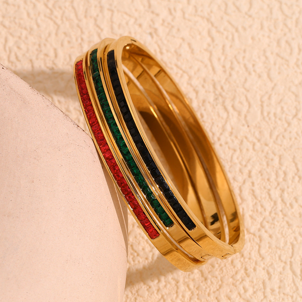 Minimalist Elegant 18K Gold Plated Stainless Steel Geometric Rhinestone Bangle for Women