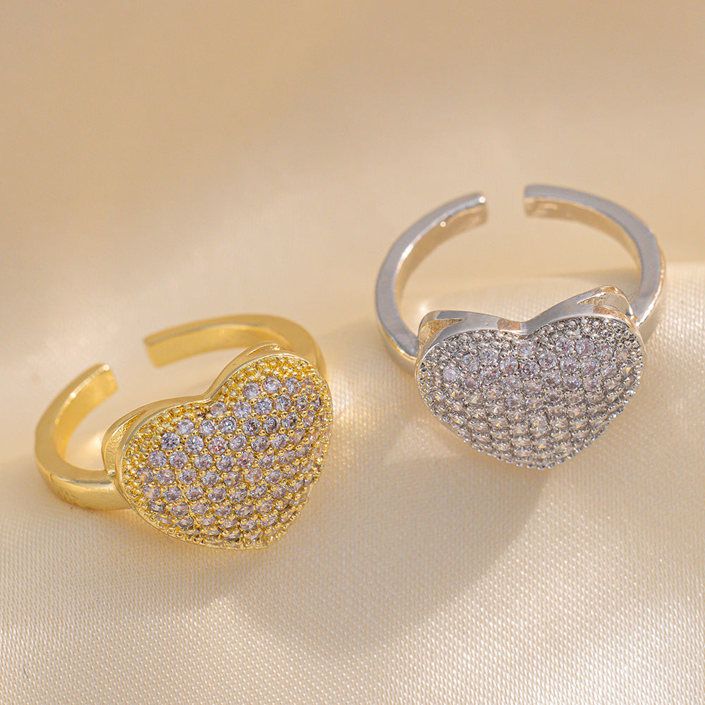 Luxury Minimalist Adjustable Open Ring for Women with Gold-Plated Copper Band and Zircon Stone Accent in Heart and Floral Shape