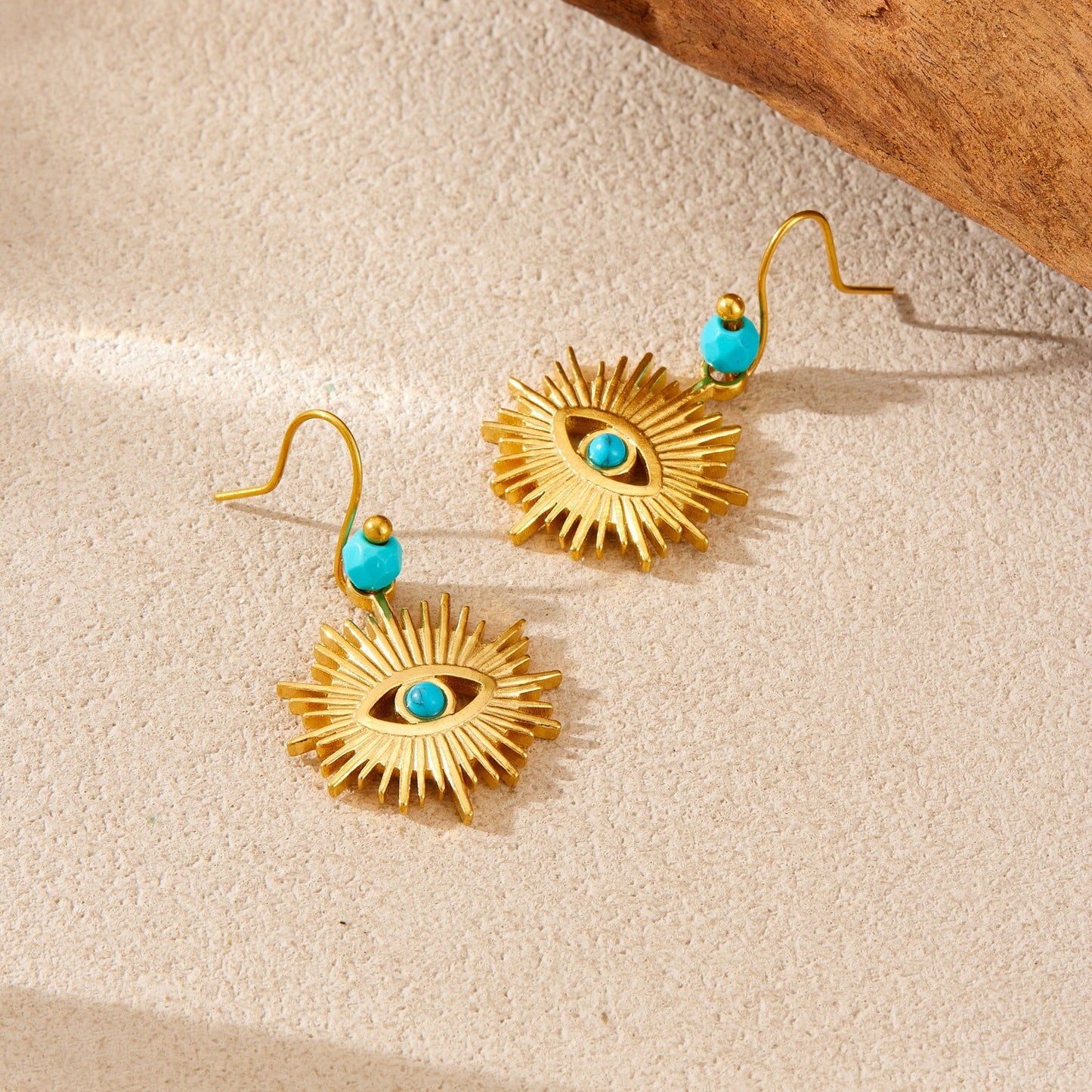 Vintage Gold Plated Stainless Steel Turquoise Eye Bead Pendant Necklace Set for Women