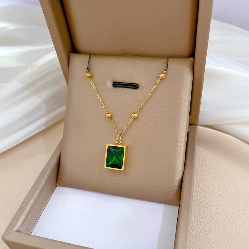 Minimalist Geometric Green Gemstone Titanium Steel Collar Chain with Gold Plating