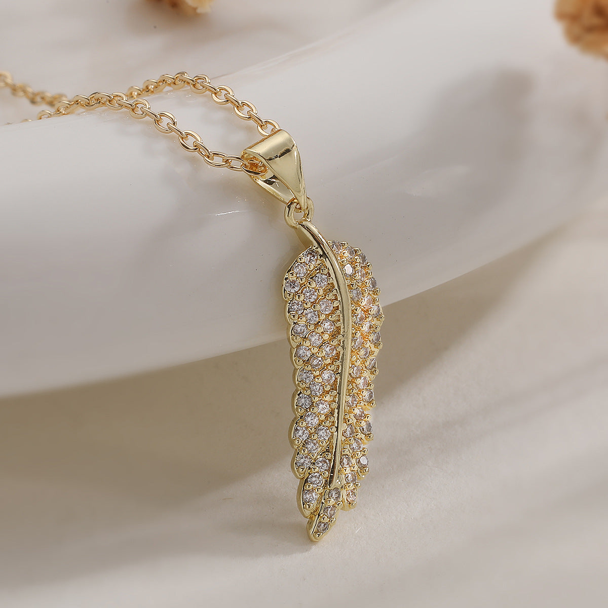 Minimalist Luxury Gold Plated Brass Geometric Feather Leaf Cubic Zirconia Pendant Necklace for Women