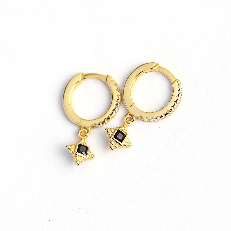 Minimalist Vintage 925 Sterling Silver Geometric Square Inlaid Cubic Zirconia Hoop Earrings