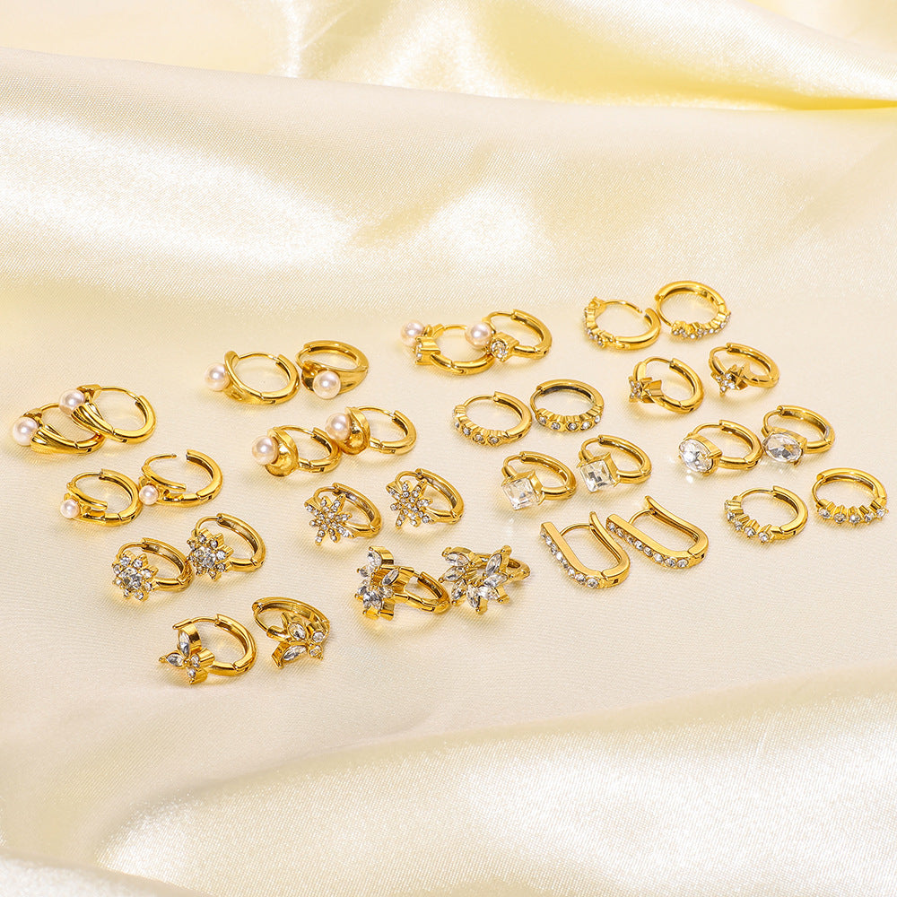 Minimalist Stainless Steel 18K Gold Plated Flower-Shaped Hoop Earrings with Rhinestone and Pearl Inlay for Women
