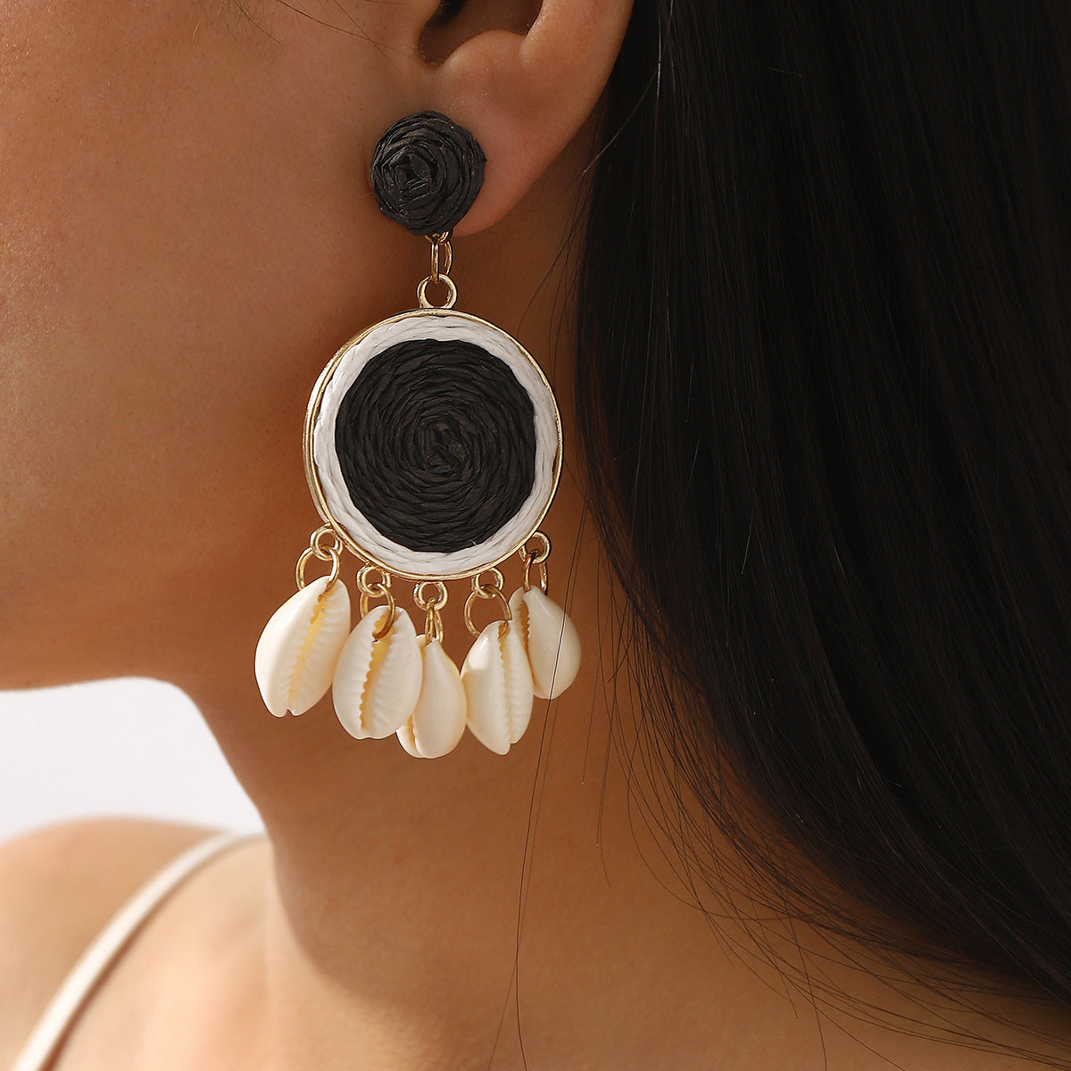 Pendientes de aleación con diseño geométrico y rafia de estilo dulce con detalles de conchas para mujer, joyería para vacaciones de verano