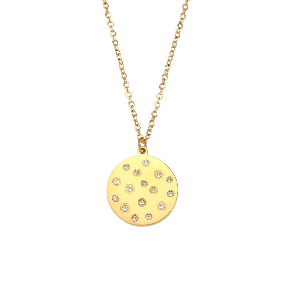 Minimalist Geometric Stainless Steel Pendant Necklace with Crystal Zirconia Round Charm for Women