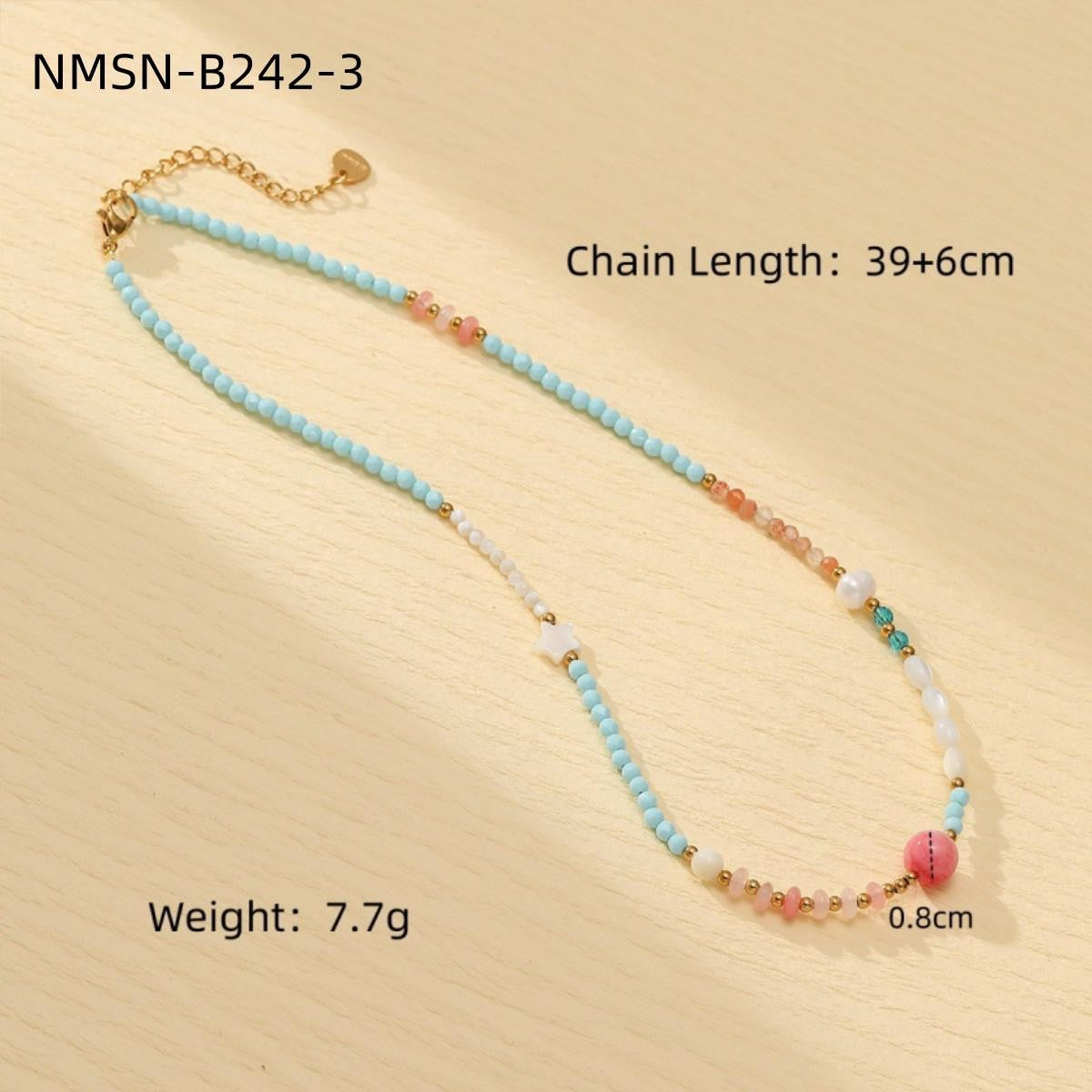 Collar de clavícula minimalista, fresco y dulce con hojas chapadas en acero inoxidable, hebras de cuentas coloridas y detalles de piedra natural y perlas
