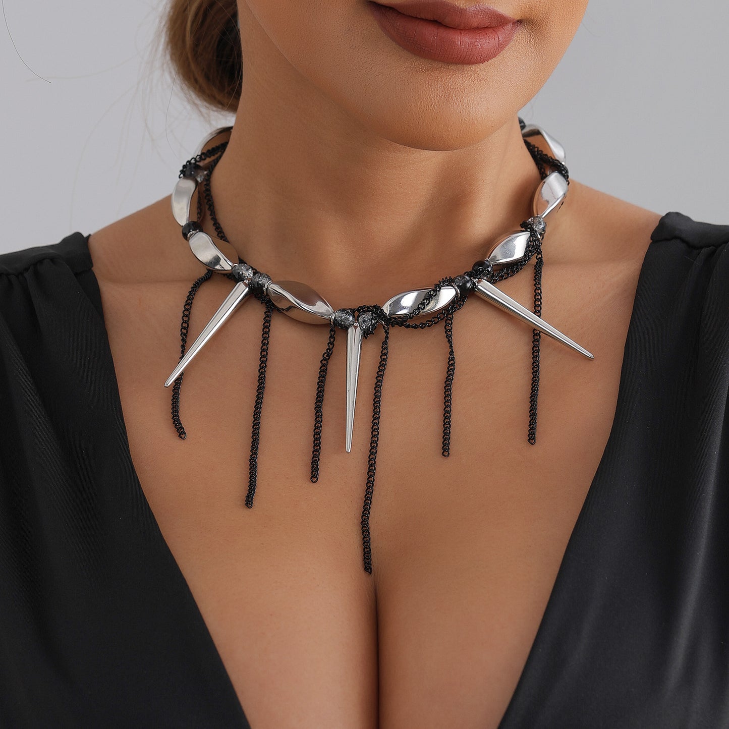 Gothic Streetwear Geometric Alloy Plated Beaded Cone Spiral Tassel Necklace for Women