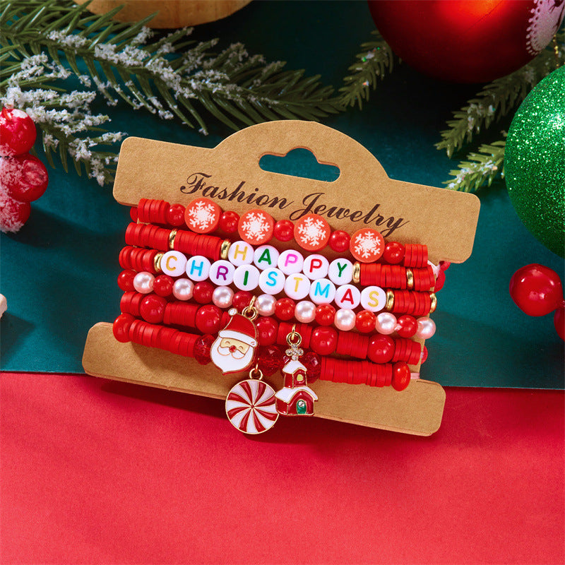 Set di bracciali in lega a tema natalizio, dolce e grintoso, con renna, fiocco di neve, albero e perle di vetro in cristallo