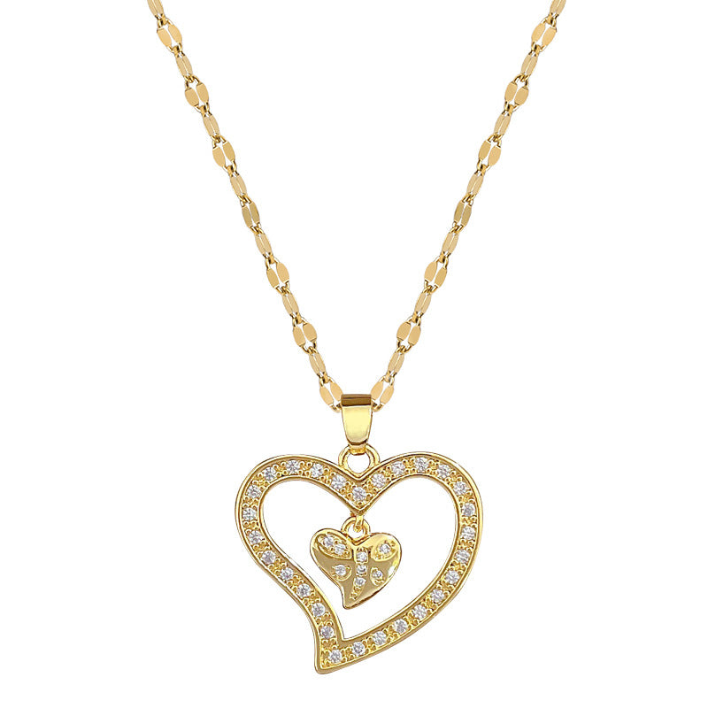 Minimalist Double Heart Shaped Titanium Steel Necklace with Zircon Inlay for Women and Men, Delicate Clavicle Chain