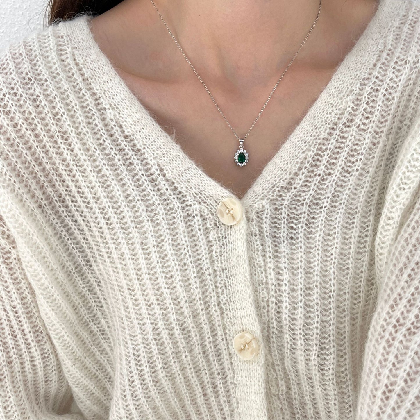 Minimalist Geometric Green Cubic Zirconia Pendant Necklace in 925 Sterling Silver with Adjustable Chain