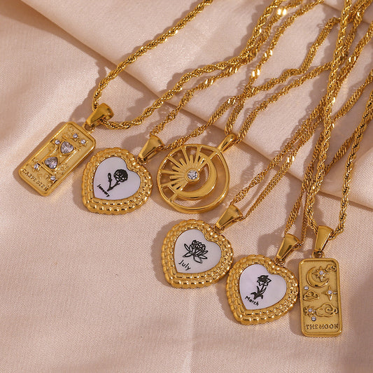 Vintage Shell Heart Pendant Necklace for Women Stainless Steel with 18K Gold Plating Geometric Design Snake Chain