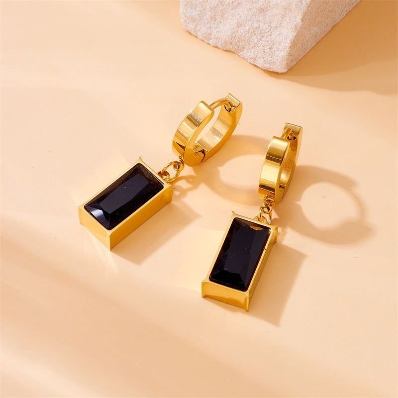 Vintage Fashion Women's Stainless Steel Square Black Gemstone Pendant Necklace Earrings Bracelet Set