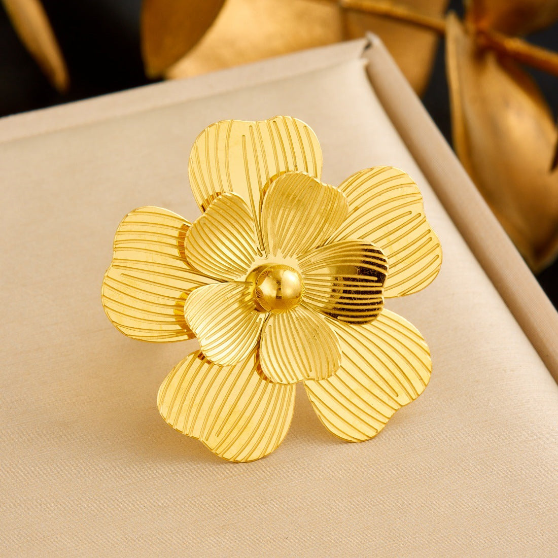 Gold Plated Stainless Steel Hollow Layered Flower Butterfly Ring for Women
