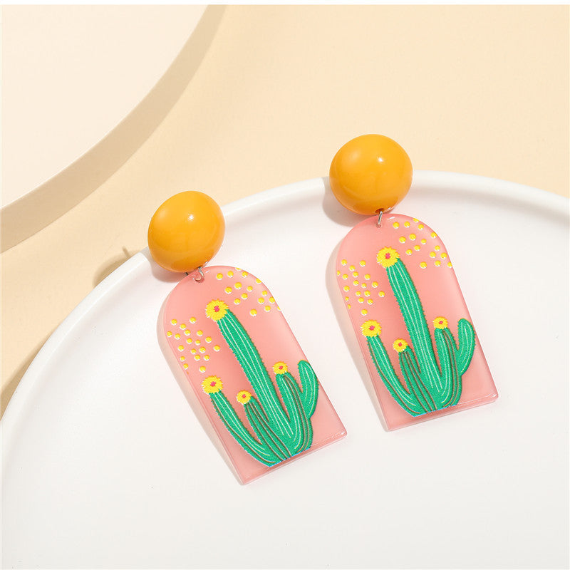 Aretes rústicos de acrílico con forma de cactus, con postes de plata de ley 925 para niños y adolescentes