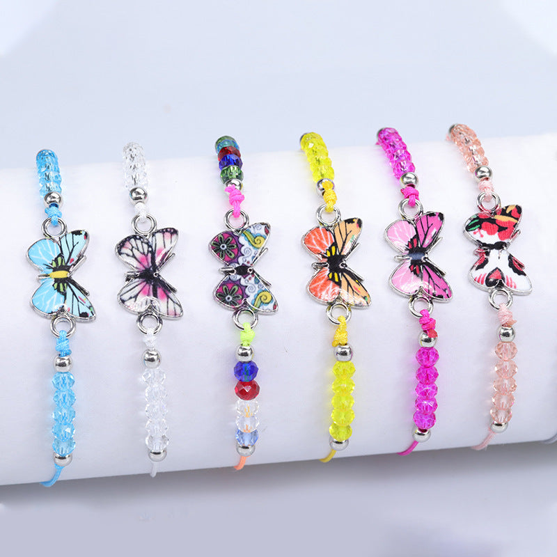 Sweet Colorful Crystal Butterfly Beaded Bracelet Silver Plated Unisex Hand Jewelry