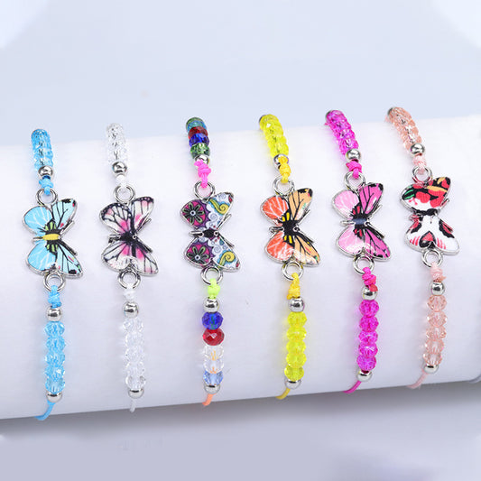 Sweet Colorful Crystal Butterfly Beaded Bracelet Silver Plated Unisex Hand Jewelry