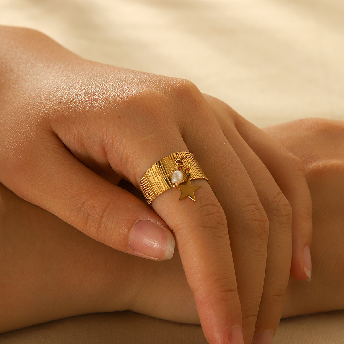 Minimalist Geometric Titanium Steel Open Ring with 18K Gold Plating, Freshwater Pearl and Star Pendant