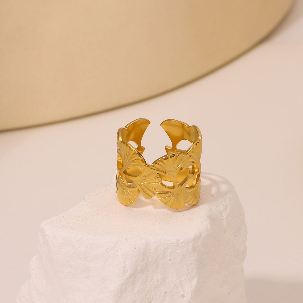 Minimalist Ginkgo Leaf Ring in Stainless Steel with 18K Gold Plating, Hollow-Out Geometric Design for Unisex Everyday Wear