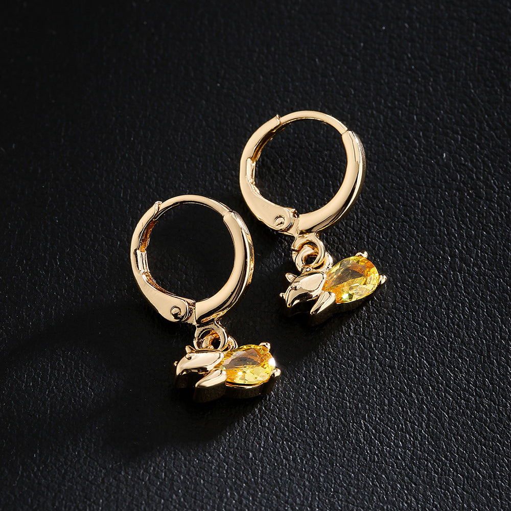Cute Dinosaur-Shaped Earrings for Women with Copper Base and 18K Gold Plating, Micro-Paved Zirconia