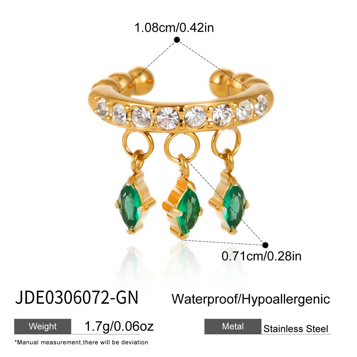 Elegant Green Cubic Zirconia Geometric Square Plated Stainless Steel Tassel Clip-on Earrings for Women
