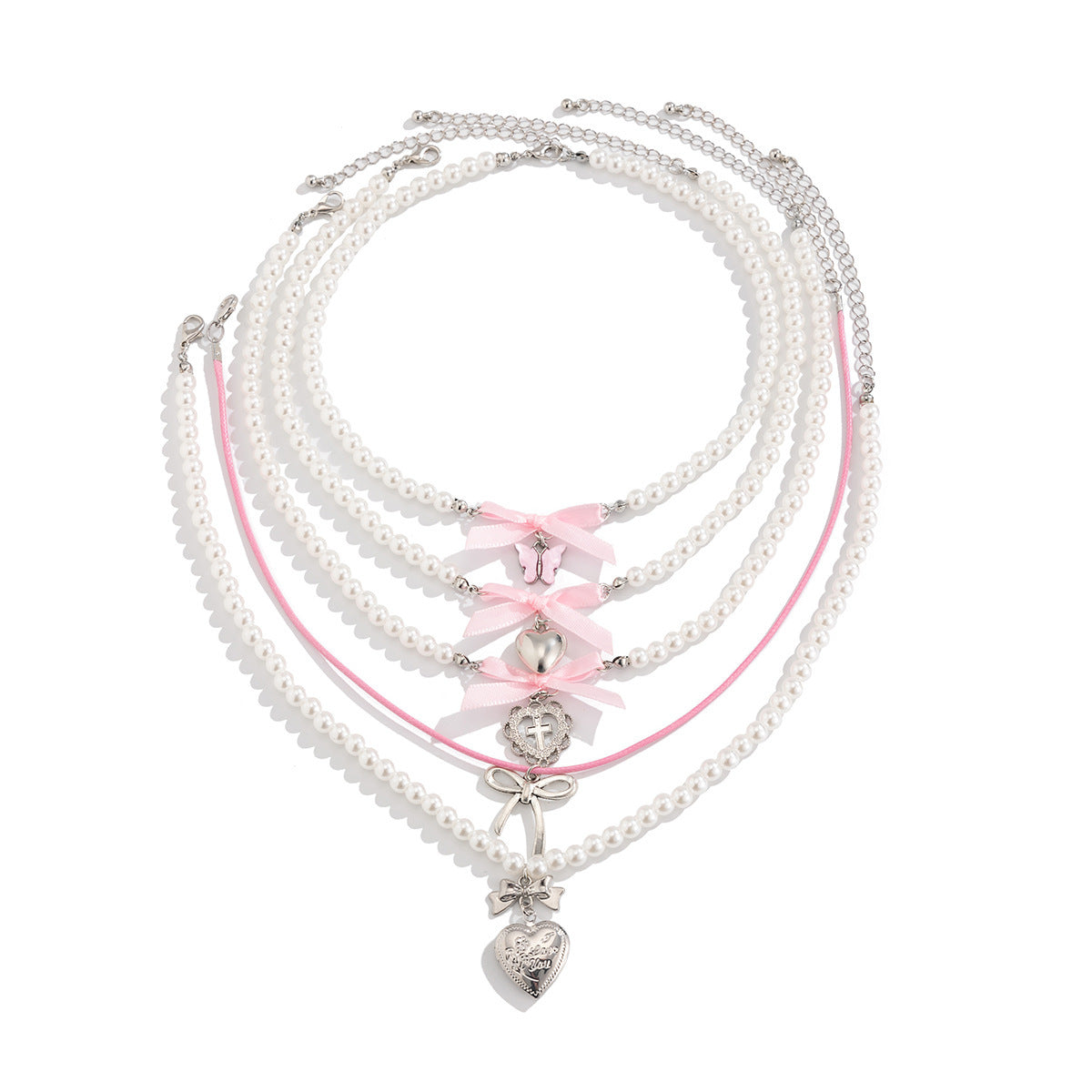Sweet Minimalist Heart and Bow Knot Pendant Necklace for Women with Imitation Pearl Accents on Beaded Chain