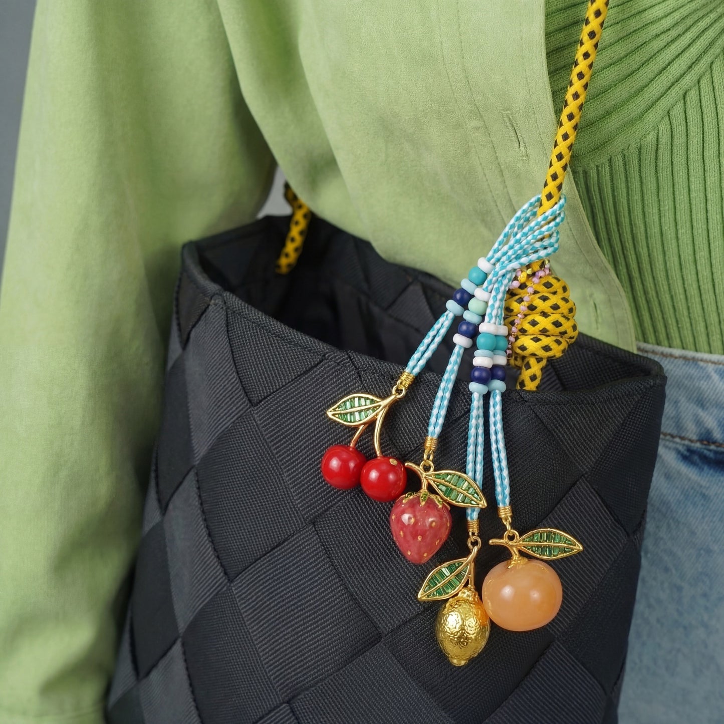 Minimalist Colorful Metal Plated Keychain with Heart Teardrop and Avocado Charms
