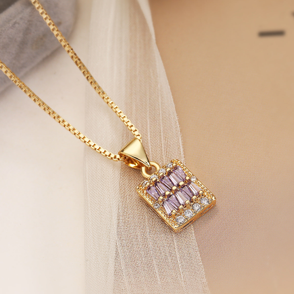 Minimalist Square Pendant Necklace and Earrings Set in Copper with 18K Gold Plating and Zircon Inlay